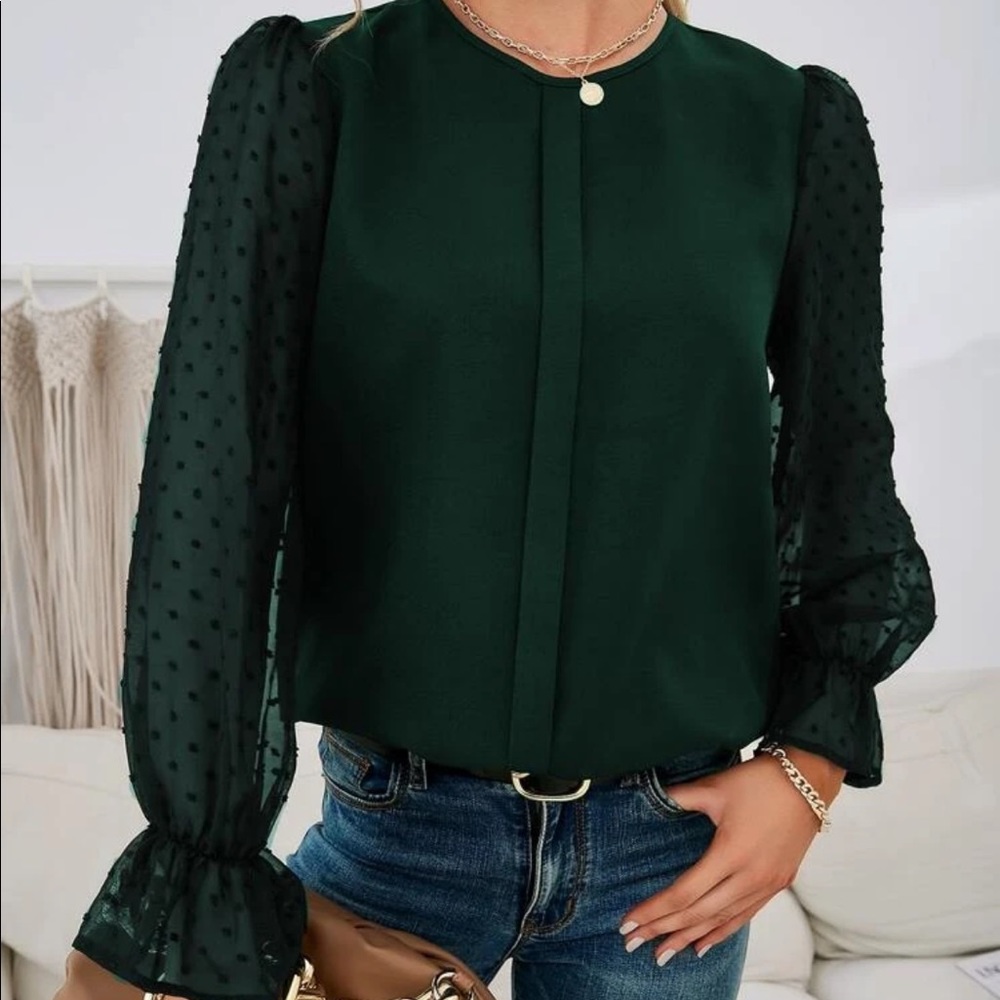 Blue Swiss dot flounce sleeve blouse - Picture 10 of 16